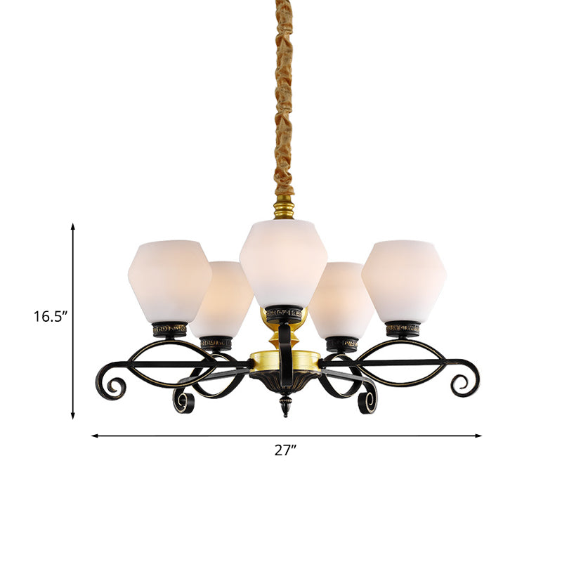 5-Head Opal Glass Chandelier Light Antique Black Hexagon Living Room Hanging Lamp