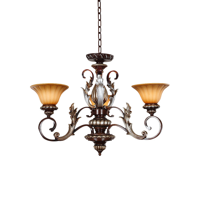 Lampada a ciondolo a campana tradizionalista 3 luci lampada lampadario in vetro ambra in bronzo con design intagliato