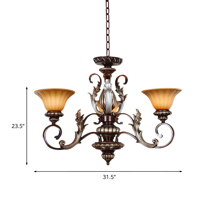 Traditionalist Bell hanglamp 3 lichten Amber Glass Kroonluchter lamp in brons met gesneden ontwerp