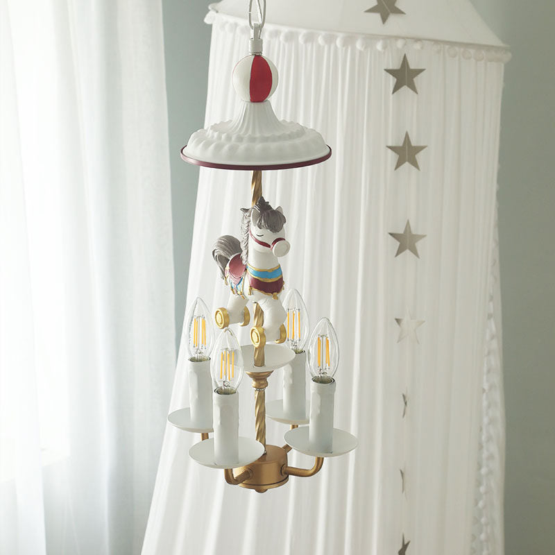Kids Style Candle Chandelier Metal 4-Light Bedroom Hanging Lamp with Horse Top in White