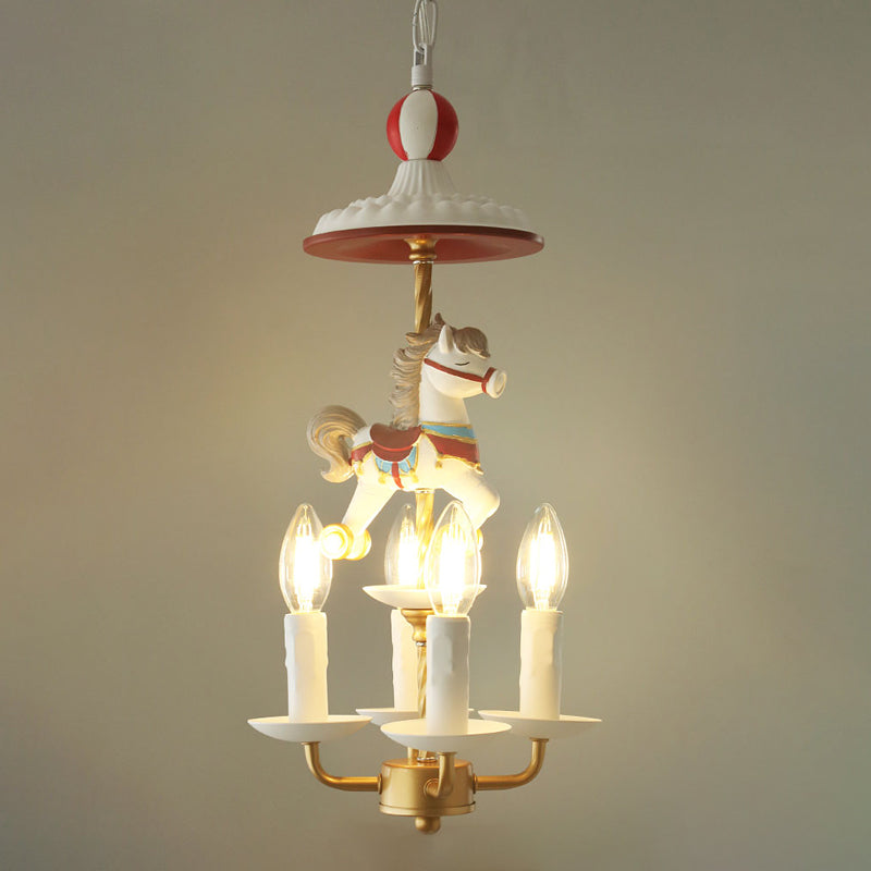 Kids Style Candle Chandelier Metal 4-Light Bedroom Hanging Lamp with Horse Top in White