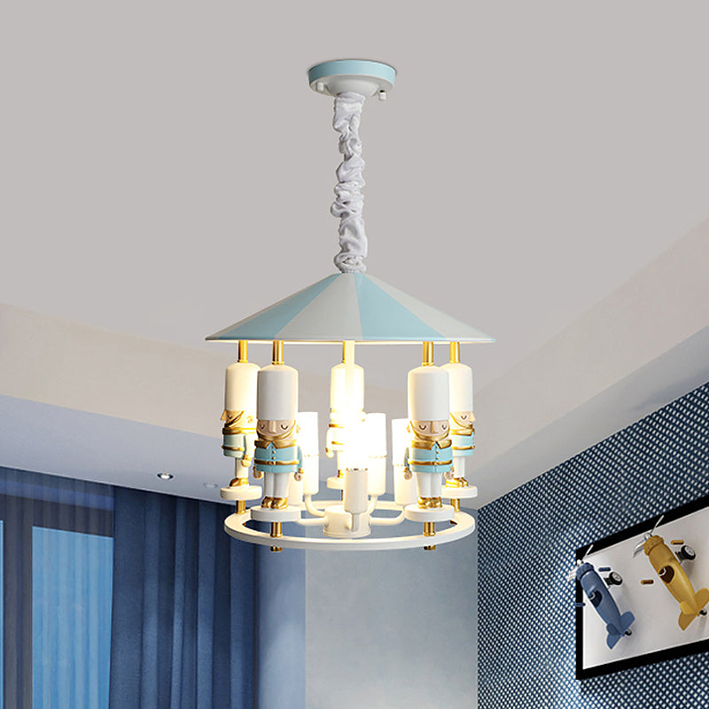 Merry-Go-Round Soldier Chandelier Kids Style Resin 5-Head Black/Blue Hanging Light Fixture