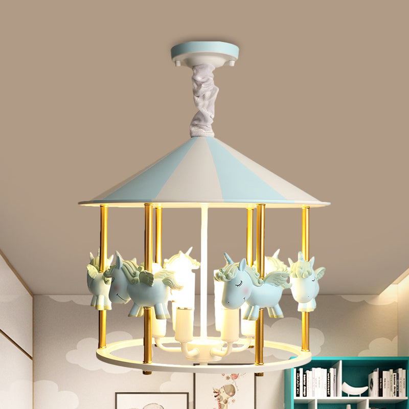 Resin Unicorn Carousel Hanging Lamp Kids 5-Light Pink/Blue Pendant Chandelier for Child Room