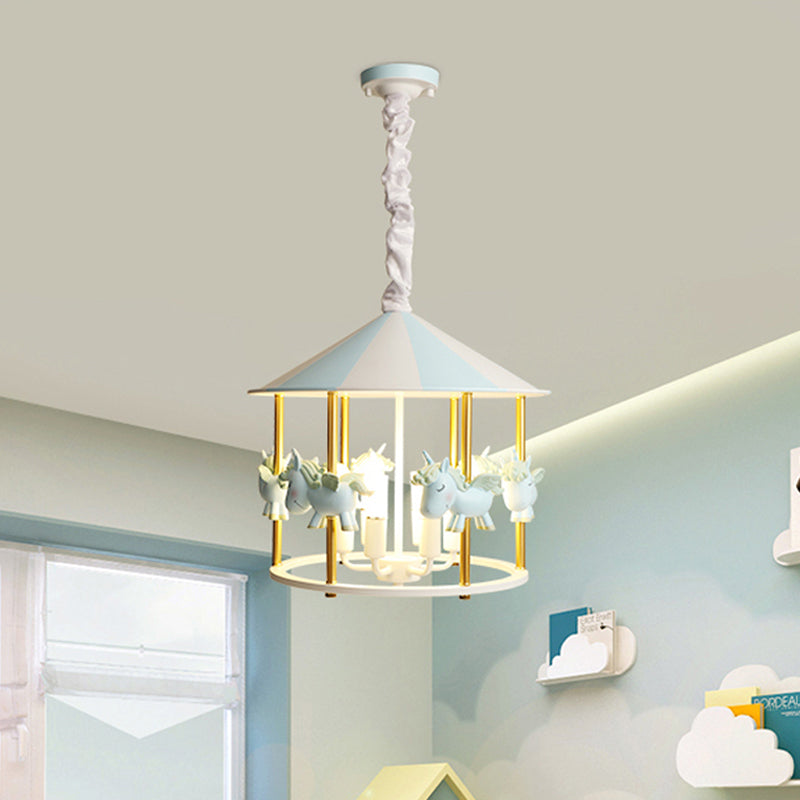 Resin Unicorn Carousel Hanging Lamp Kids 5-Light Pink/Blue Pendant Chandelier for Child Room
