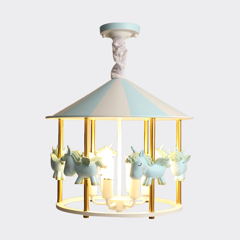 Resin Unicorn Carousel Hanging Lamp Kids 5-Light Pink/Blue Pendant Chandelier for Child Room