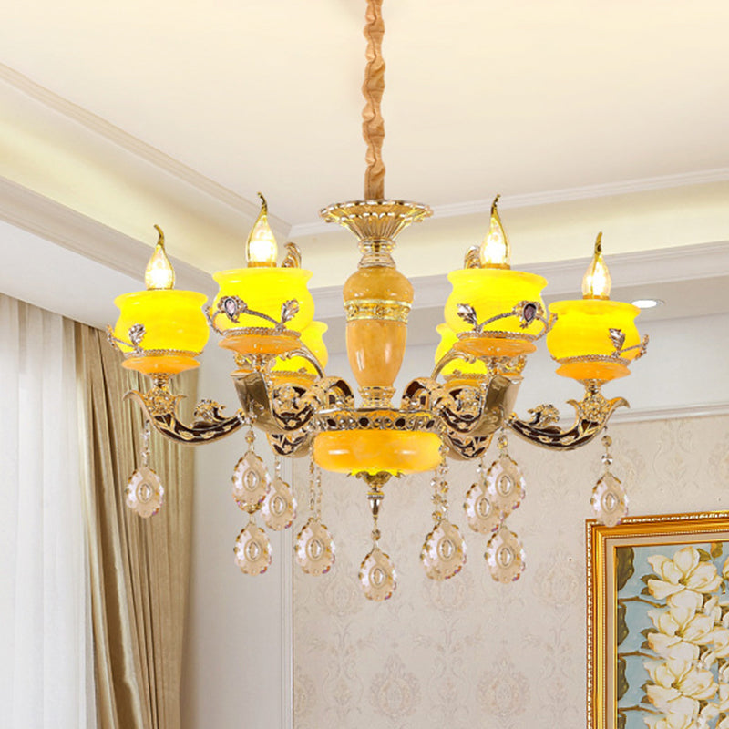 6/8 Lichten Jade plafond kroonluchter antieke gouden kandelabra eetkamer hanger met bengelende kristal