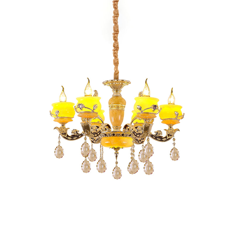 6/8 Lights Jade Ceiling Chandelier Antique Gold Candelabra Dining Room Pendant with Dangling Crystal
