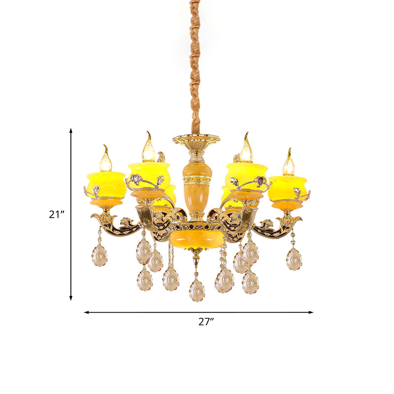 6/8 Lights Jade Ceiling Chandelier Antique Gold Candelabra Dining Room Pendant with Dangling Crystal