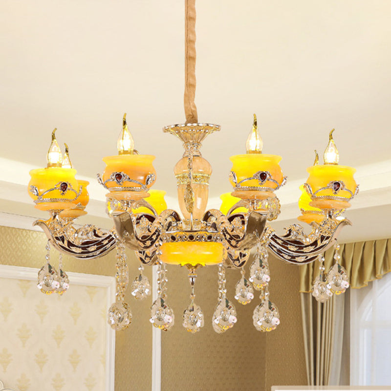 6/8 Lights Jade Ceiling Chandelier Antique Gold Candelabra Dining Room Pendant with Dangling Crystal