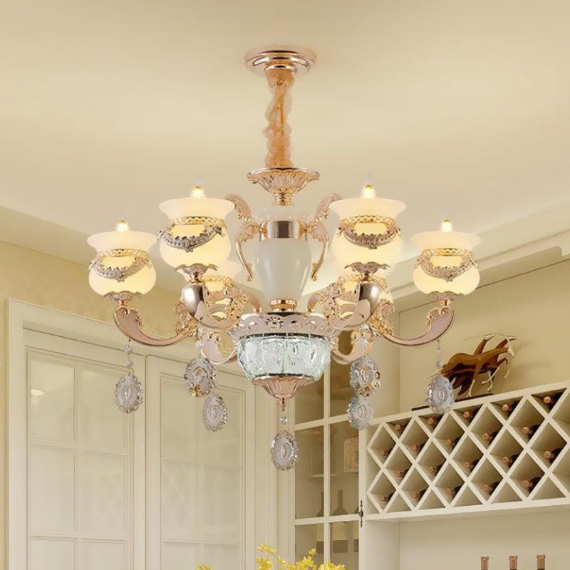 Heldere glazen kaarsen kroonluchter traditionele 6/8 kops slaapkamer hangend licht in goud met kristal draperen