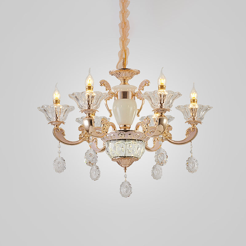 Heldere glazen kaarsen kroonluchter traditionele 6/8 kops slaapkamer hangend licht in goud met kristal draperen