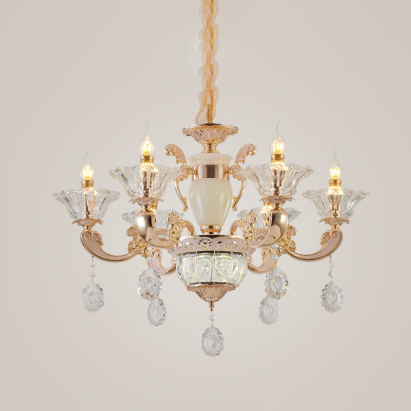 Heldere glazen kaarsen kroonluchter traditionele 6/8 kops slaapkamer hangend licht in goud met kristal draperen