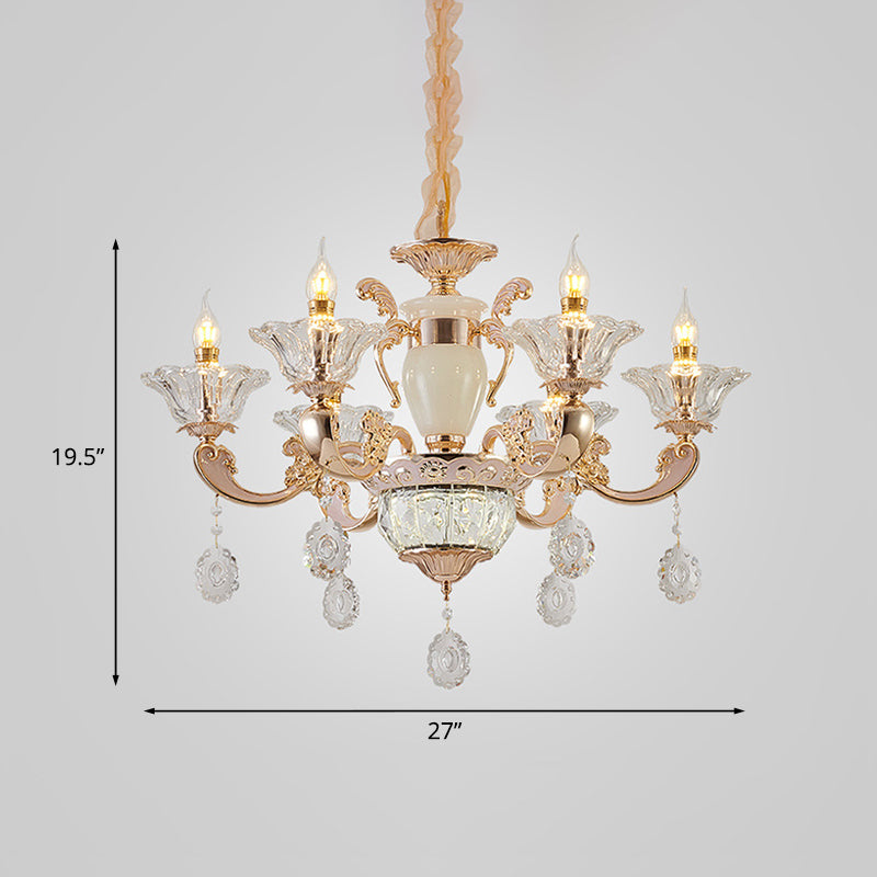 Clear Glass Candle Chandelier Traditional 6/8 Heads Bedroom Hanging Light in Gold with Crystal Draping