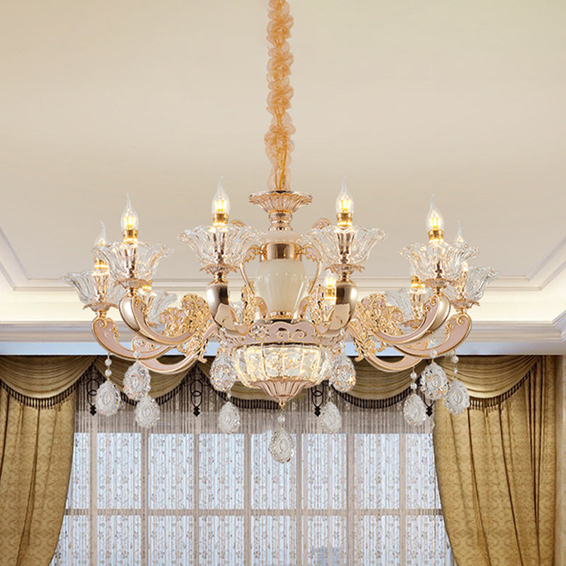 Heldere glazen kaarsen kroonluchter traditionele 6/8 kops slaapkamer hangend licht in goud met kristal draperen
