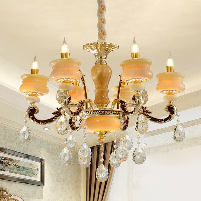 Gouden kandelaar hangende kroonluchter vintage jade 6/8 bollen slaapkamer hanglamp met kristalval