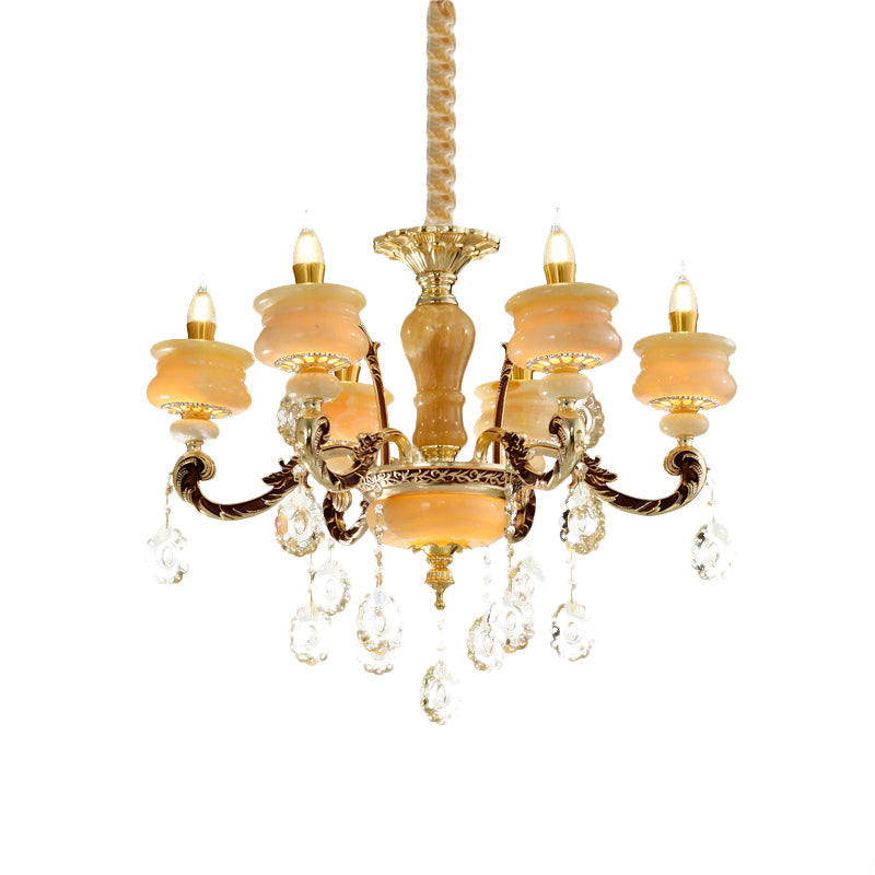 Gold Candlestick Hanging Chandelier Vintage Jade 6/8 Bulbs Bedroom Pendant Light with Crystal Drop