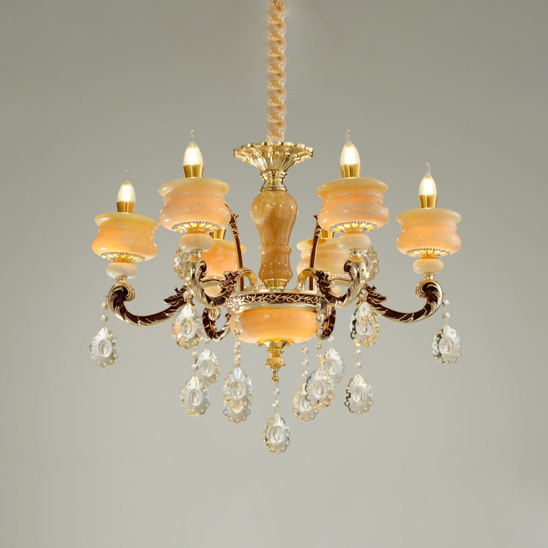 Gold Candlestick Hanging Chandelier Vintage Jade 6/8 Bulbs Bedroom Pendant Light with Crystal Drop