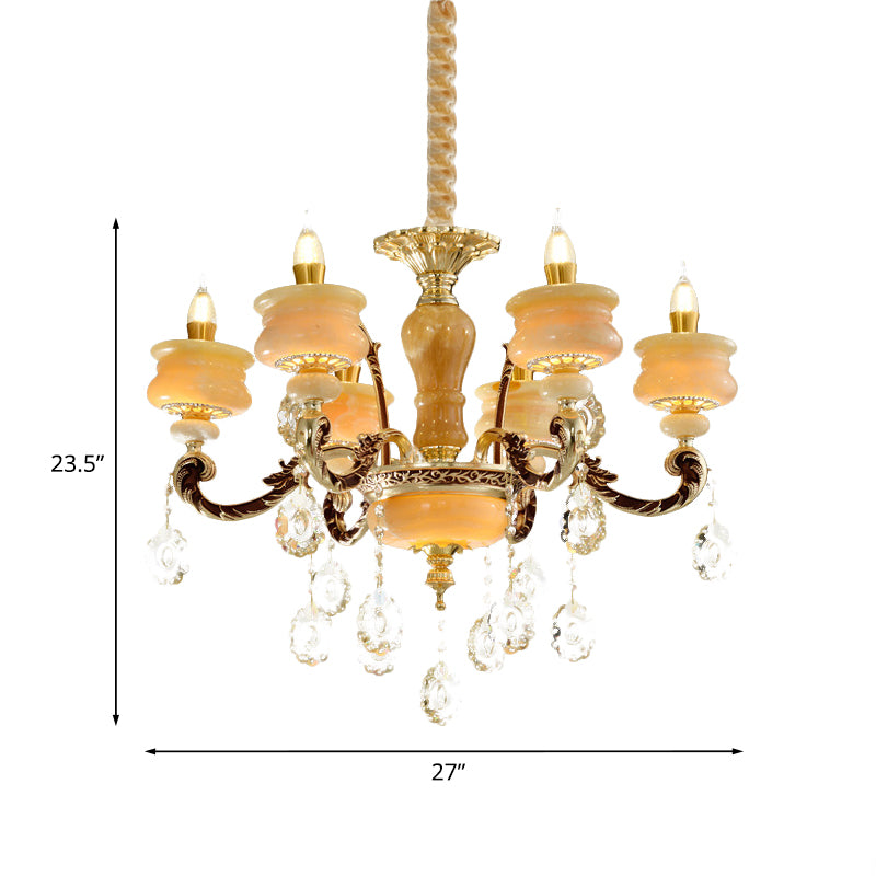 Gold Candlestick Hanging Chandelier Vintage Jade 6/8 Bulbs Bedroom Pendant Light with Crystal Drop