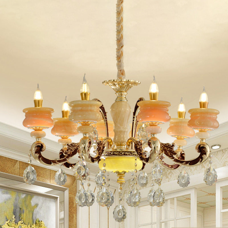 Gold Candlestick Hanging Chandelier Vintage Jade 6/8 Bulbs Bedroom Pendant Light with Crystal Drop