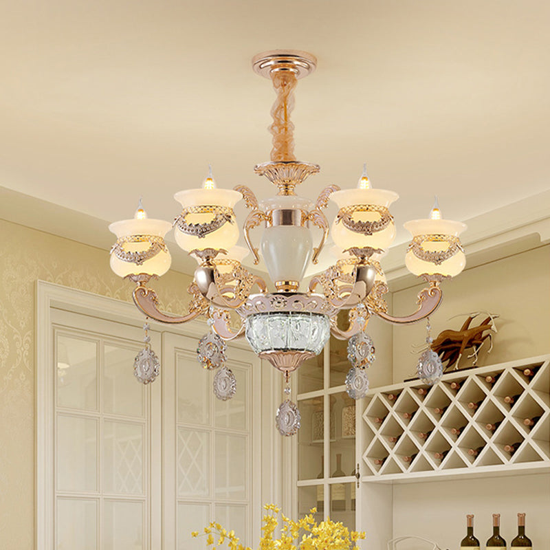 Jade gouden kroonluchter verlichting kaarsen 6 lichten traditionele plafond hanger licht met kristalval