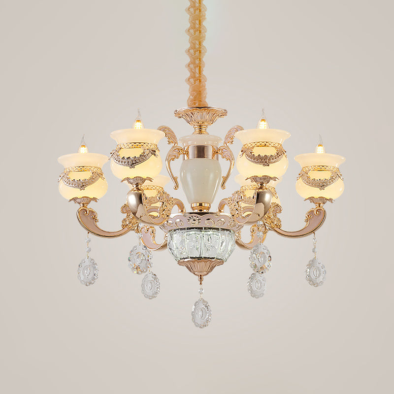 Jade gouden kroonluchter verlichting kaarsen 6 lichten traditionele plafond hanger licht met kristalval