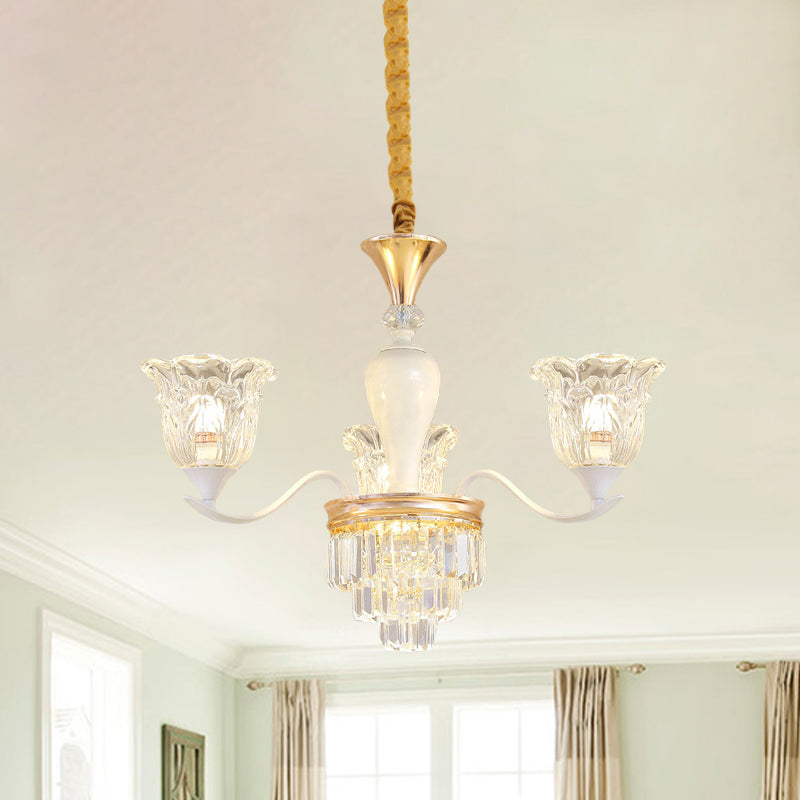 Blossom Bedroom Chandelier Lamp Traditional Clear Crystal Glass 3/6-Head Gold Suspension Pendant