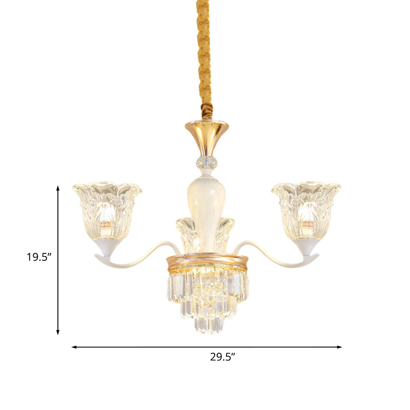 Blossom Bedroom Chandelier Lamp Traditional Clear Crystal Glass 3/6-Head Gold Suspension Pendant
