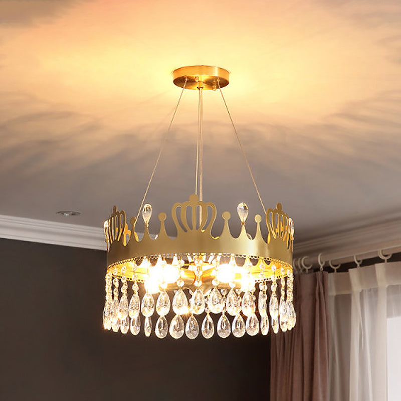 5-Light Crown Chandelier Light Fixture Minimal Gold Crystal Drop Ceiling Lamp for Living Room