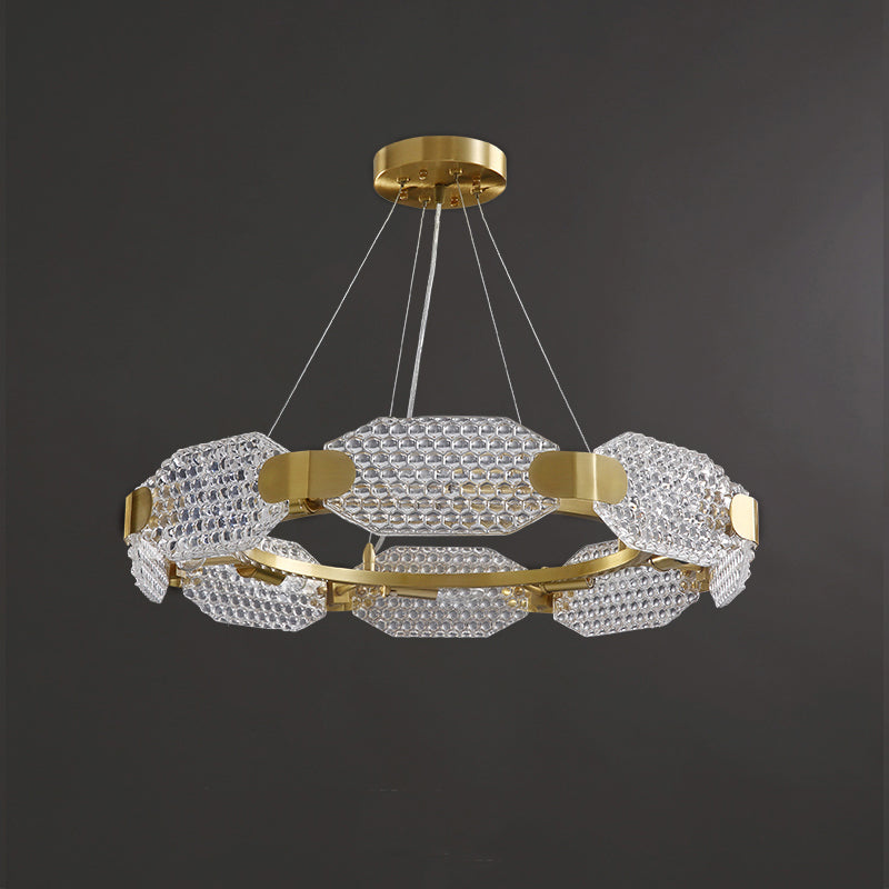 Prism Crystal Circular Chandelier Light Simple Style 6 Lights Bedroom Hanging Lamp Kit in Gold with Octangular Panel