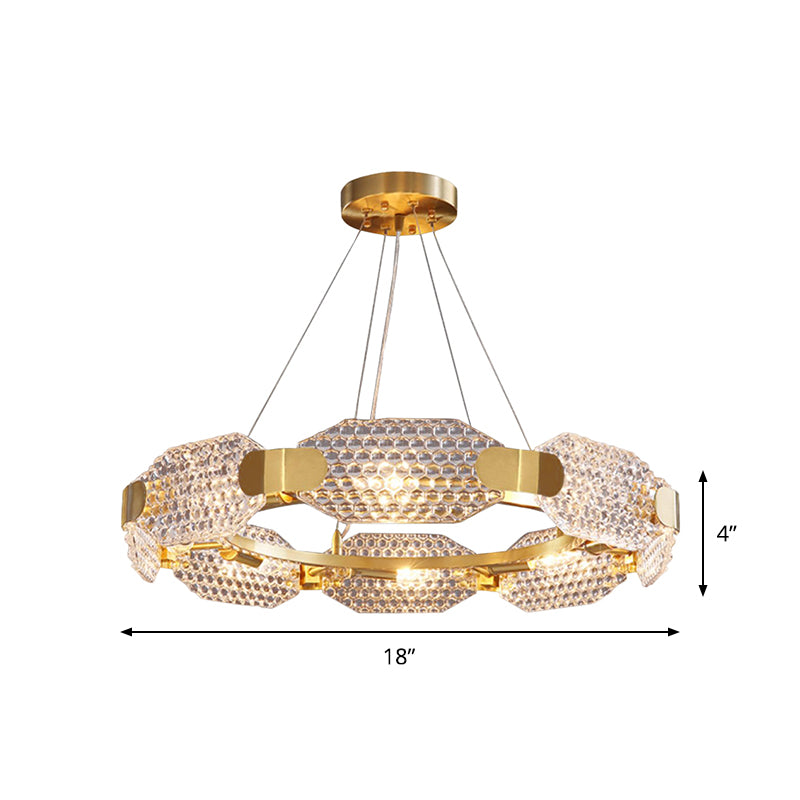 Prism Crystal Circular Chandelier Light Simple Style 6 Lights Bedroom Hanging Lamp Kit in Gold with Octangular Panel