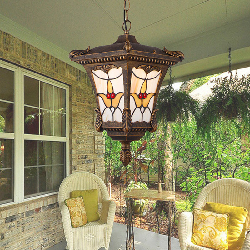 Metal Rust/Bronze Pendant Lamp Lantern 1-Head Traditional Ceiling Hang Fixture with Flower Pattern for Balcony