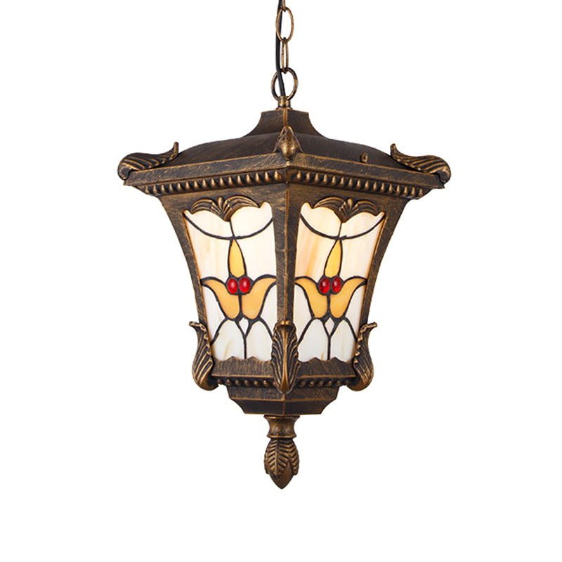 Metal Rust/Bronze Pendant Lamp Lantern 1-Head Traditional Ceiling Hang Fixture with Flower Pattern for Balcony