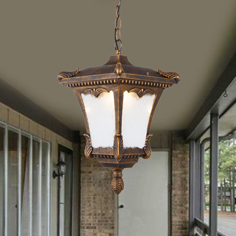 1 Bulb Suspension Light Lodge Patio Hanging Lamp Kit with Lantern Clear Ripple Glass Shade in Bronze/Rust