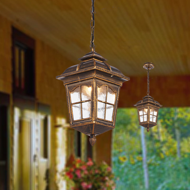 1-Light Clear Ripple Glass Drop Pendant Lodge Bronze Lantern Outdoor Hanging Fixture