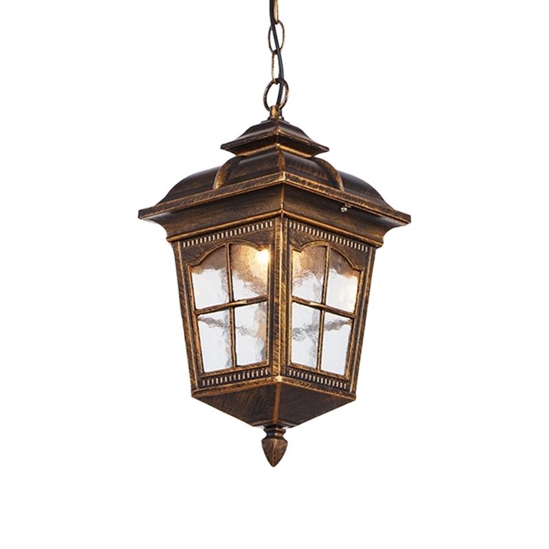 1-Light Clear Ripple Glass Drop Pendant Lodge Bronze Lantern Outdoor Hanging Fixture