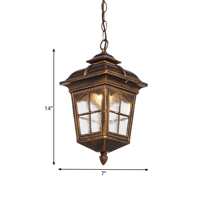 1-Light Clear Ripple Glass Drop Pendant Lodge Bronze Lantern Outdoor Hanging Fixture