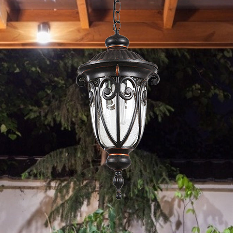 1 Bulb Urn Shade Pendant Lamp Traditional Black Finish Clear Seeded Glass Hanging Ceiling Light