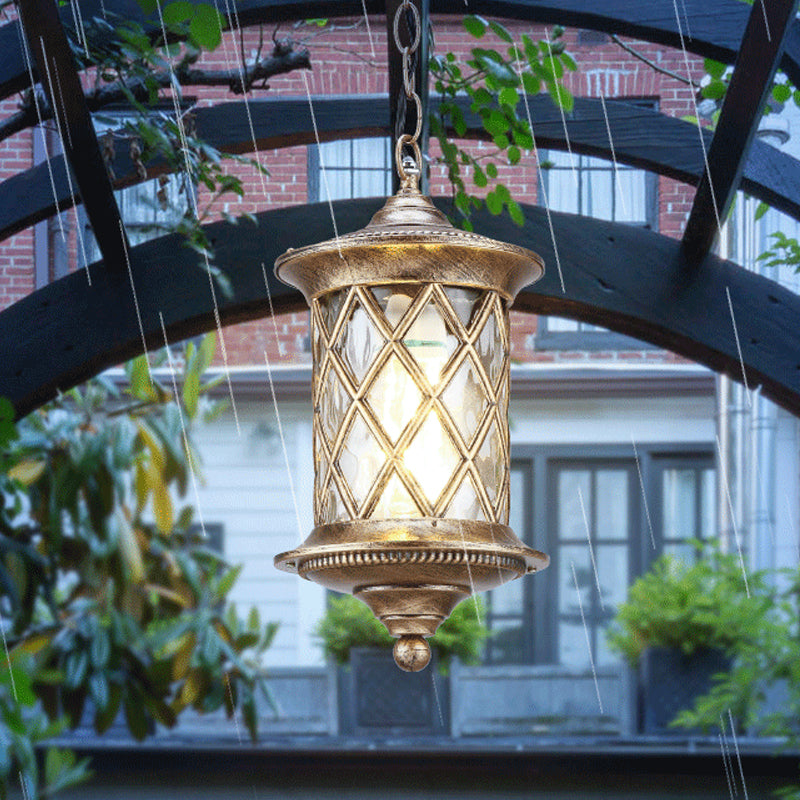 Clear Water Glass Bronze Hanging Light Kit Cylinder 1-Light Rustic Suspension Pendant with Lattice Cage