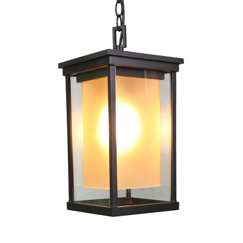 Black 1 Bulb Ceiling Pendant Classic Clear Glass Rectangle Hanging Lamp Kit with Inner Cylinder Amber Glass Shade