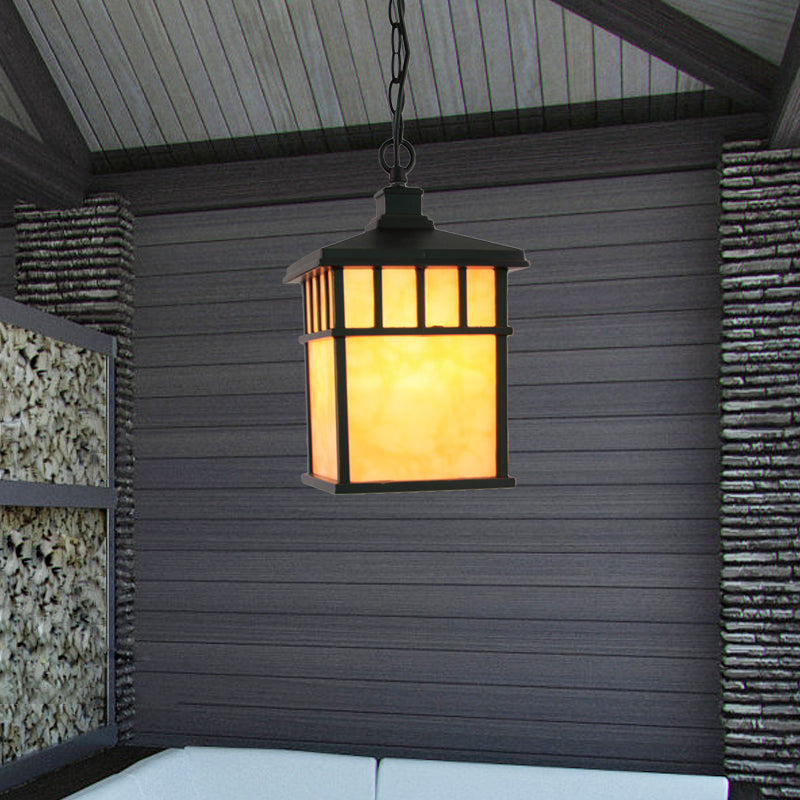 Lantern Corridor Drop Pendant Traditional Frosted Glass 1-Light Black Suspension Light