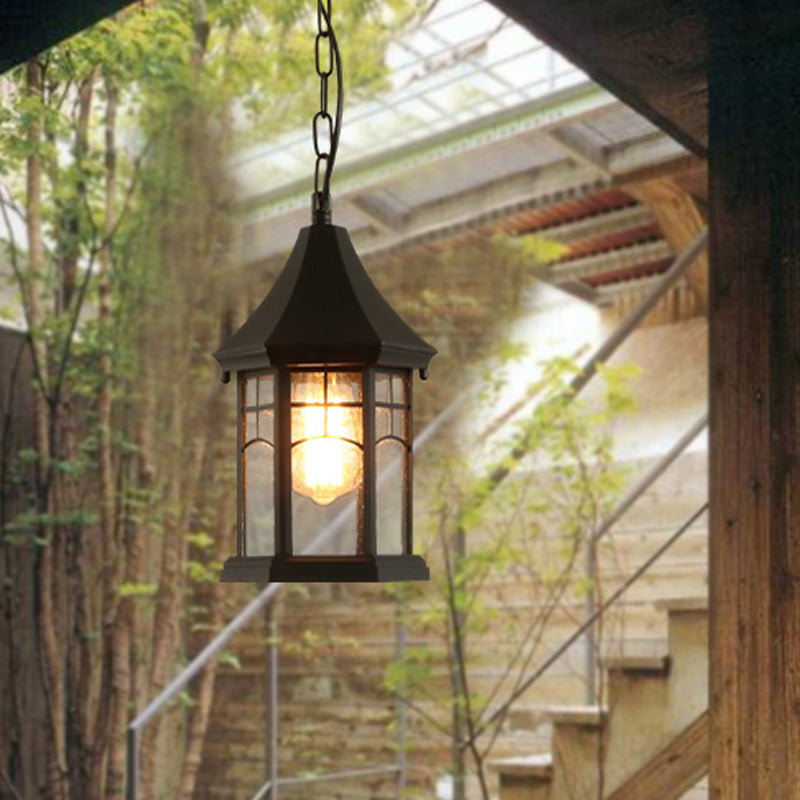 Pavilion Clear Bubble Glass Pendant Light Farmhouse 1-Light Balcony Suspension Lamp in Black