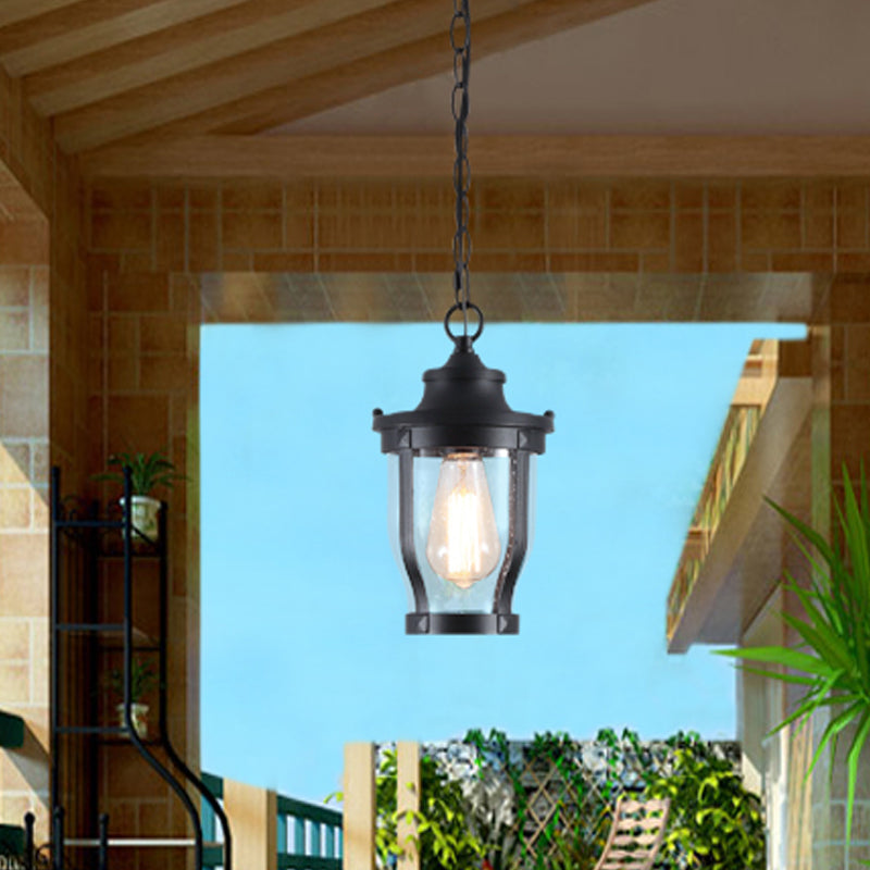 1 Bulb Lantern Shape Pendant Light Kit Rustic Textured Black Finish Clear Glass Ceiling Lamp for Balcony