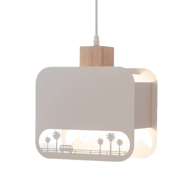 1 Bulbe Kid Bedroom Hanging Light Kit nordique blanc et pendentif en bois avec nuance de fer carrée gravée