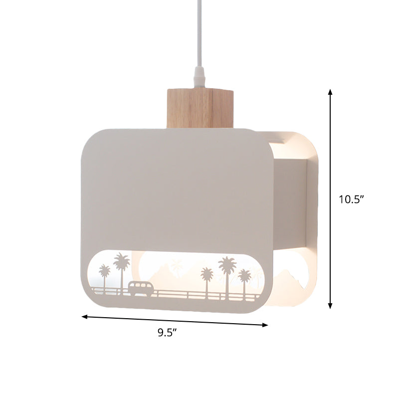 1 Glühbirnen Kinderschlafzimmer Hanges Licht Kit Nordisch weiß und Holzheizenlampe mit geätzten quadratischen Eisenschatten