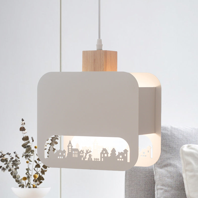 1 Bulb Kid Bedroom Hanging Light Kit Nordic White and Wood Pendant Lamp with Etched Square Iron Shade