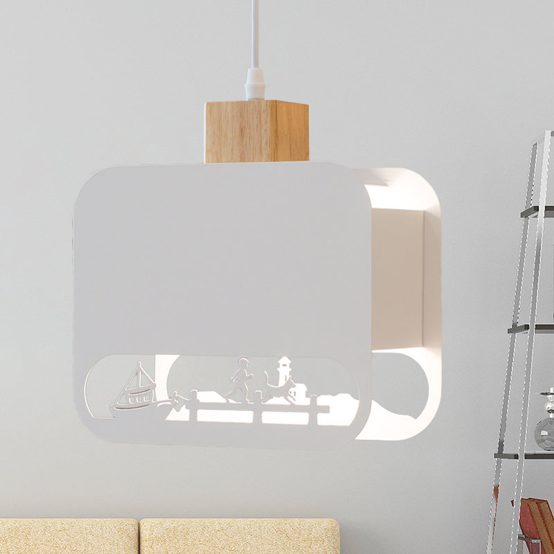 1 Bulbe Kid Bedroom Hanging Light Kit nordique blanc et pendentif en bois avec nuance de fer carrée gravée