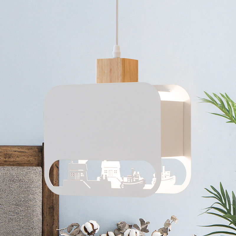 1 Bulb Kid Bedroom Hanging Light Kit Nordic White and Wood Pendant Lamp with Etched Square Iron Shade