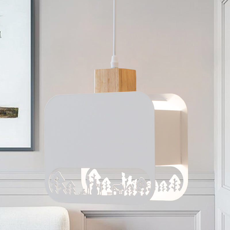 1 Bulb Kid Bedroom Hanging Light Kit Nordic White and Wood Pendant Lamp with Etched Square Iron Shade