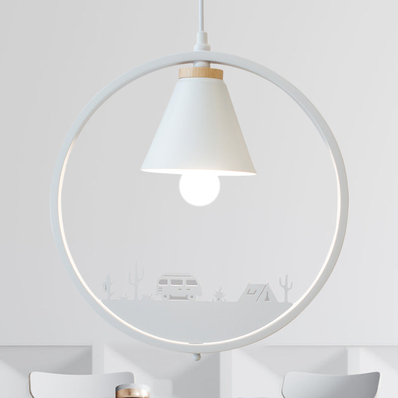 Iron Cone Shade Pendant Lamp Nordic 1 Bulb Black/White Hanging Light Fixture with Paper Cutting Decoration