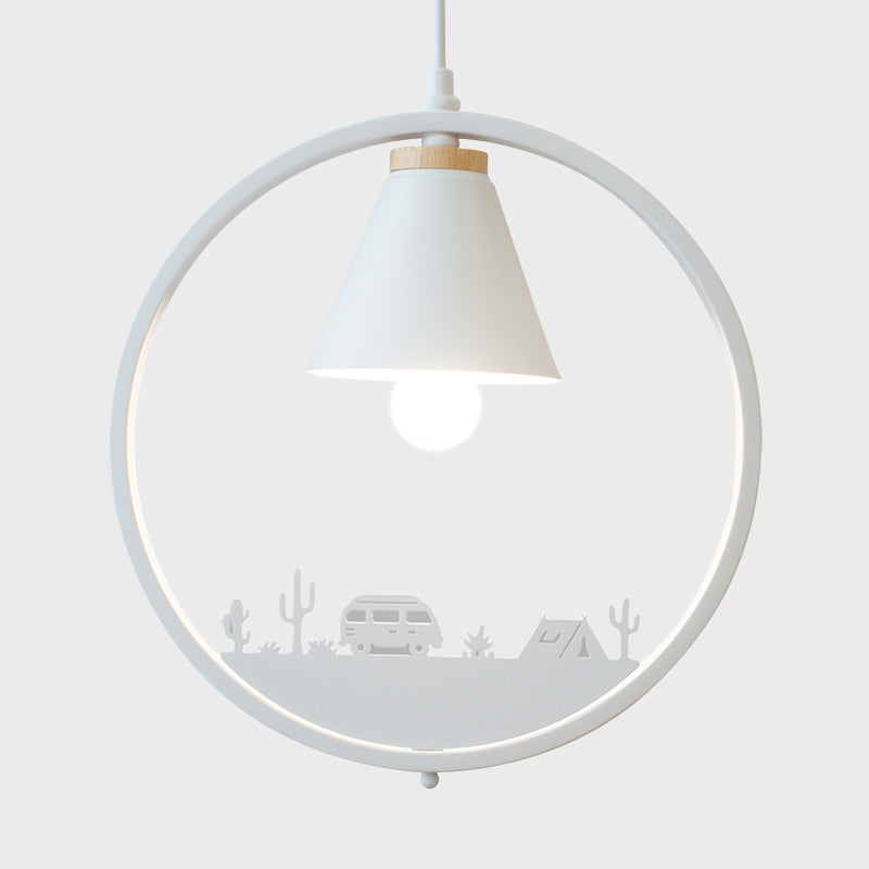 Iron Cone Shade Pendant Lamp Nordic 1 Bulb Black/White Hanging Light Fixture with Paper Cutting Decoration